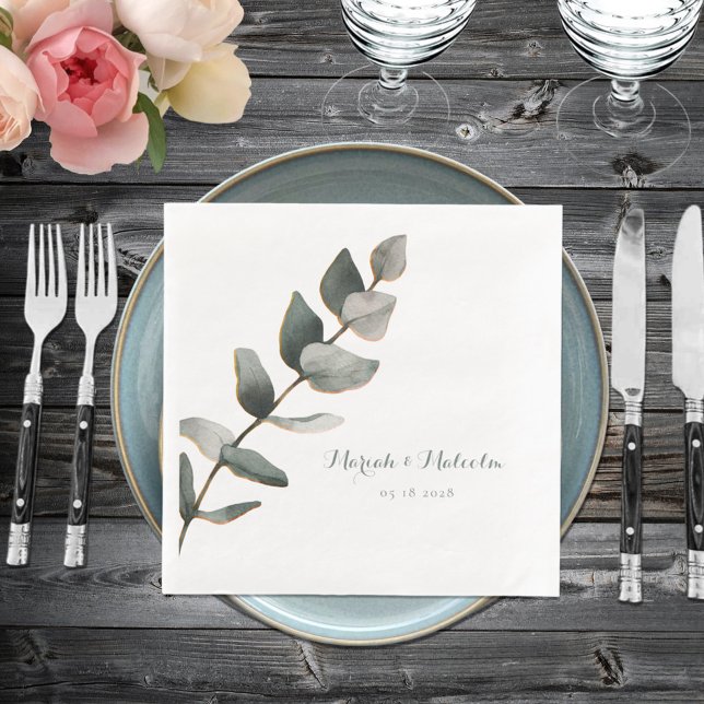 Elegant Silver Sage Green Eucalyptus Wedding  Napkin (Creator Uploaded)