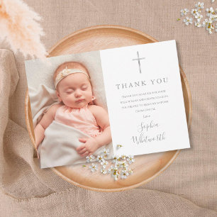 Elegant Silver Script Baptism Christening Photo Thank You Card