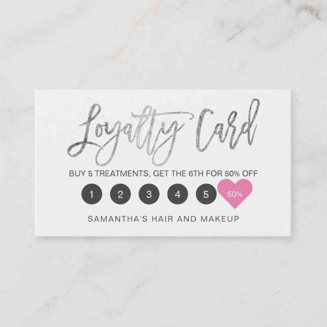 Elegant silver script makeup hair pink heart loyalty card (Front)