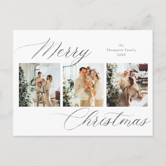 Elegant Silver Script Merry Christmas Photo Holiday Postcard (Front)