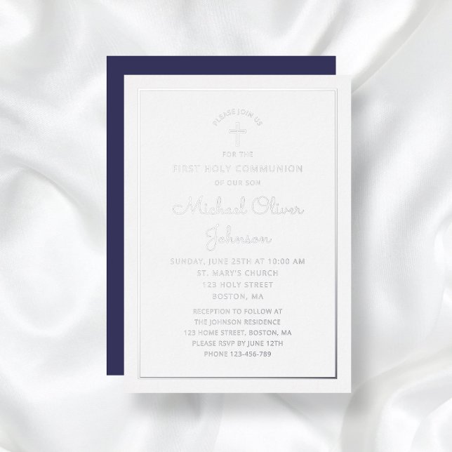 Elegant Silver Script Navy Blue First Communion  (Elegant Silver Script Navy Blue First Communion Foil Invitation)