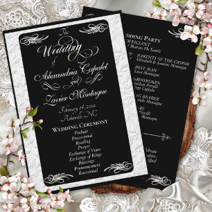 Elegant Silver Script on Black Wedding Ceremony Program