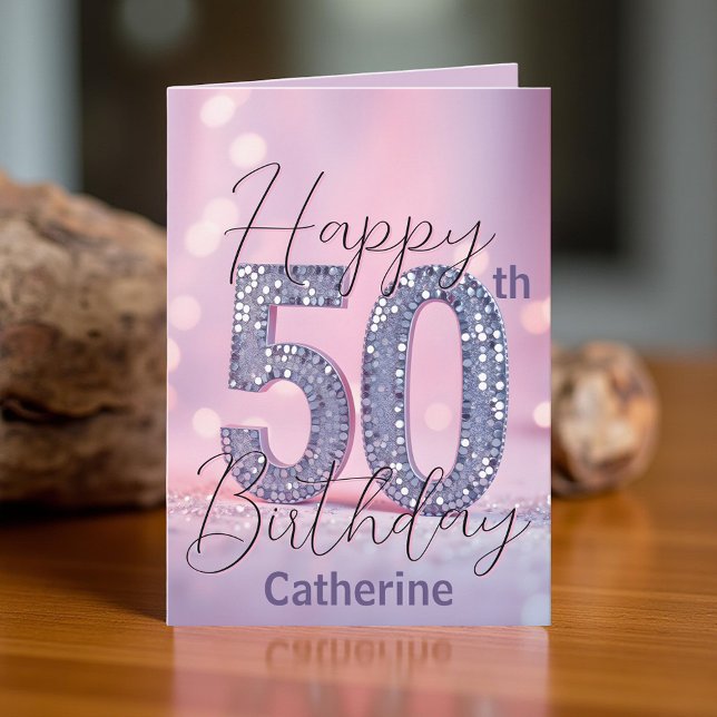 Elegant Silver Sequin on Soft Pink 50th Birthday Card (Creator Uploaded)