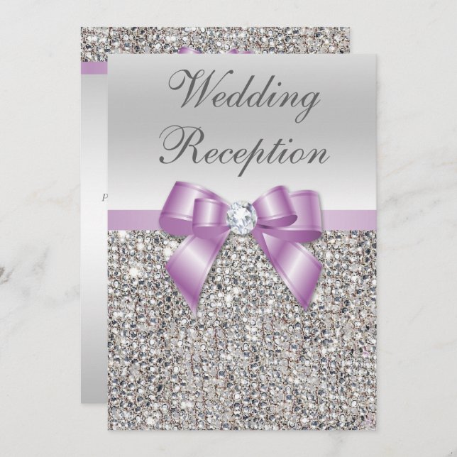 Elegant Silver Sequins Lilac Bow Wedding Reception Invitation (Front/Back)