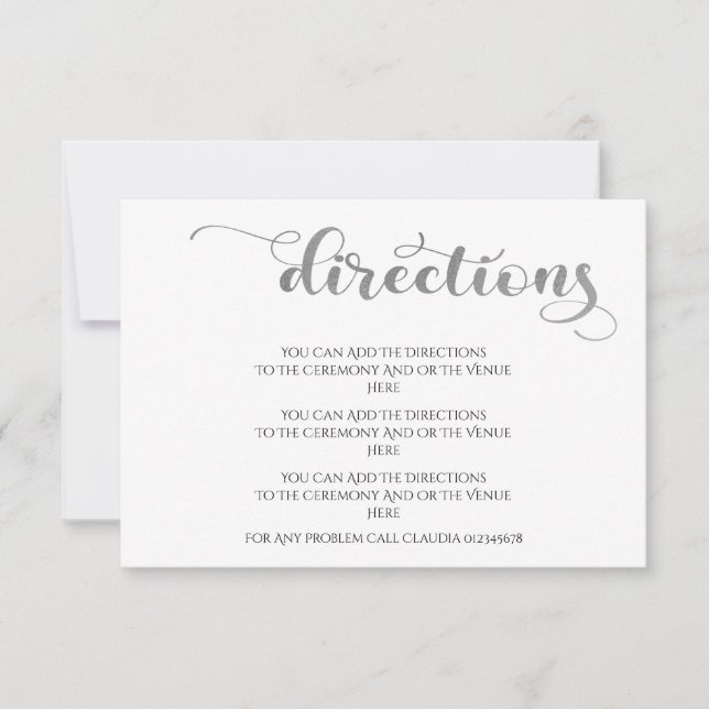 Elegant Silver Simple Wedding Directions Card (Front)