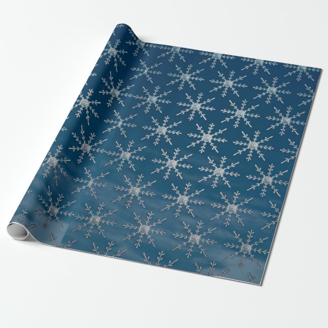 Elegant Silver Snowflakes on Blue Ombre Wrapping Paper (Unrolled)