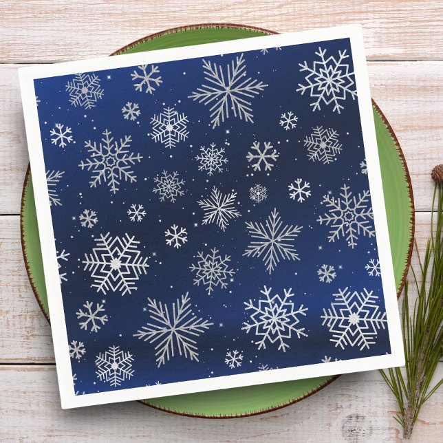 Elegant Silver Snowflakes on Night Blue Christmas Napkin (Elevate your holiday gatherings with these delicate silver snowflakes on midnight blue napkins.)