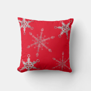 Elegant Silver Snowflakes Red Cushion