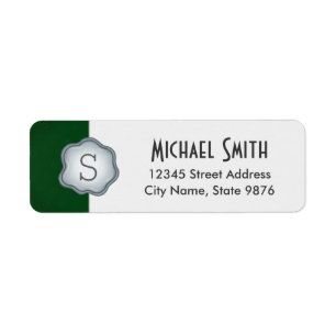 Elegant Silver Stamp Monogram on Forest Green Return Address Label