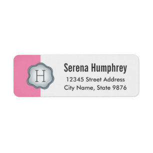 Elegant Silver Stamp Monogram on Pink Return Address Label