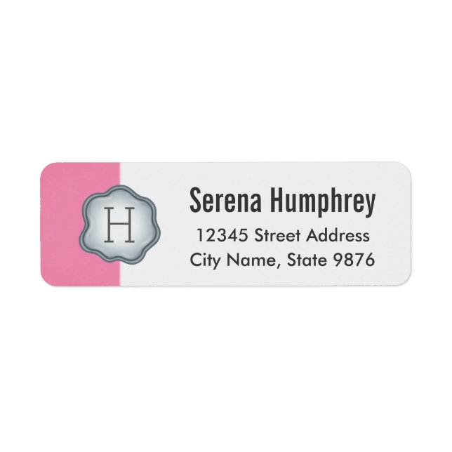 Elegant Silver Stamp Monogram on Pink Return Address Label (Front)