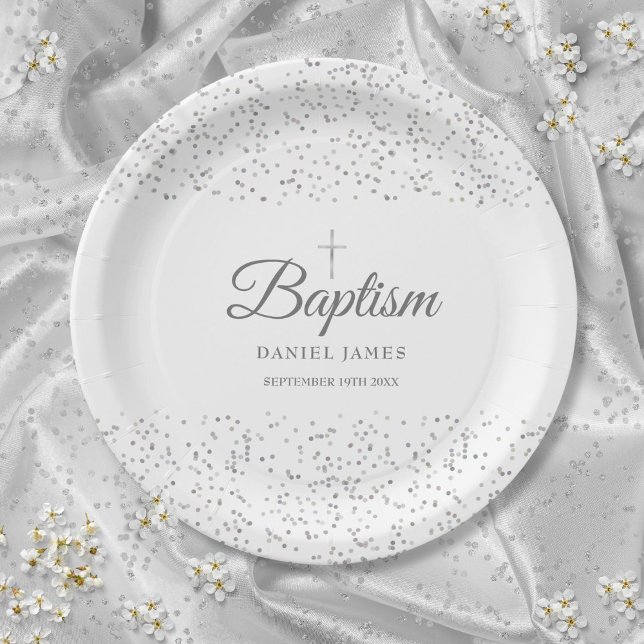 Elegant Silver Stardust Baptism Christening Paper Plate (Elegant Silver Stardust Baptism Christening Paper Plates)