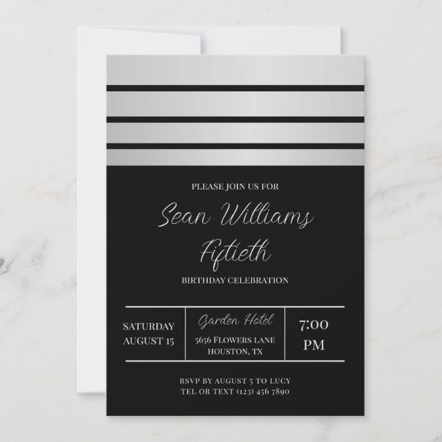 Elegant Silver Stripes Masculine Birthday Invitation (Front)