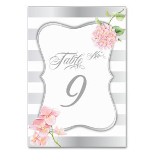 Elegant Silver Stripes Pink Hydrangea Table Card