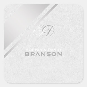 Elegant Silver Stripes White Leather Monogram Square Sticker