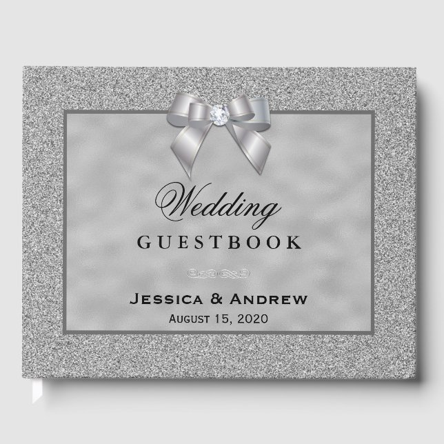 Elegant Silver & Stylish Glitter Wedding Guest Book (Front)