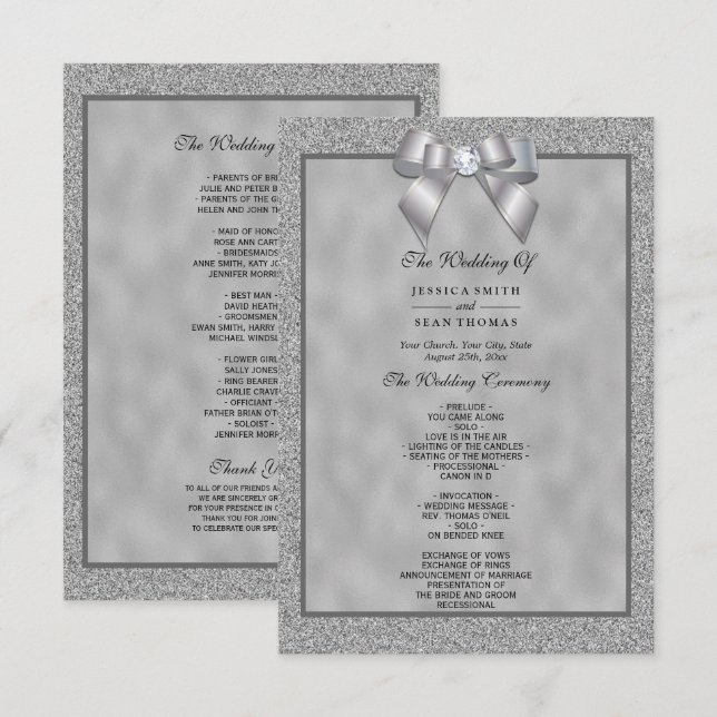 Elegant Silver & Stylish Glitter Wedding Program (Front/Back)