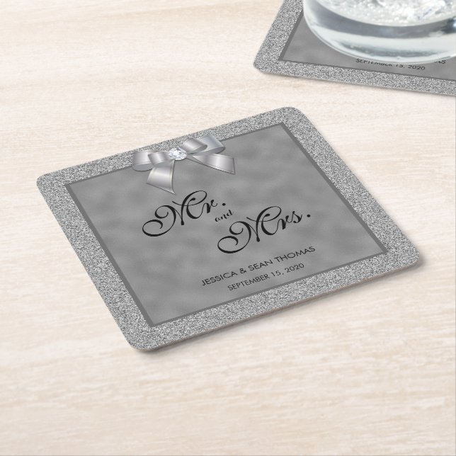 Elegant Silver & Stylish Glitter Wedding Square Paper Coaster (Angled)
