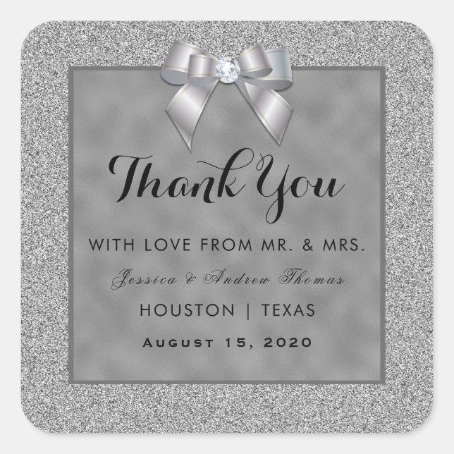 Elegant Silver & Stylish Glitter Wedding Square Sticker (Front)