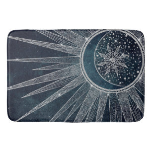 Elegant Silver Sun Moon Doodle Mandala Blue Design Bath Mat