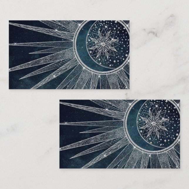 Elegant Silver Sun Moon Doodle Mandala Blue Design Business Card (Front/Back)
