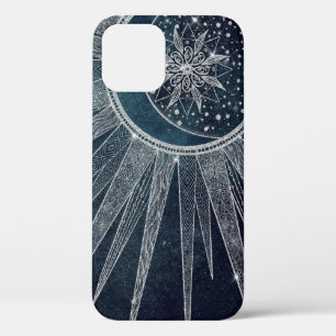 Elegant Silver Sun Moon Doodle Mandala Blue Design iPhone 12 Case