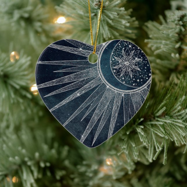 Elegant Silver Sun Moon Doodle Mandala Blue Design Ceramic Ornament (Tree)