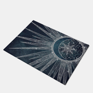 Elegant Silver Sun Moon Doodle Mandala Blue Design Doormat