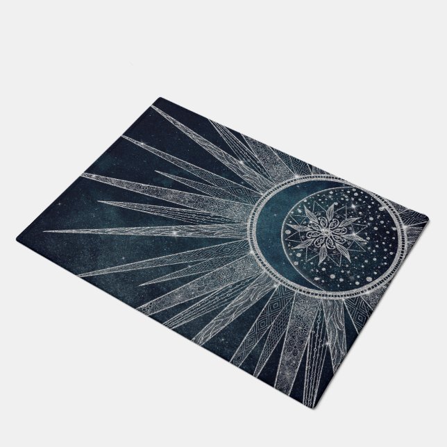 Elegant Silver Sun Moon Doodle Mandala Blue Design Doormat (Angled)