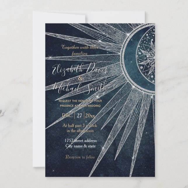 Elegant Silver Sun Moon Doodle Mandala Blue Design Invitation (Front)