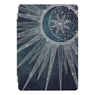 Elegant Silver Sun Moon Doodle Mandala Blue Design iPad Pro Cover