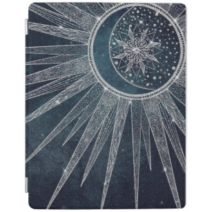 Elegant Silver Sun Moon Doodle Mandala Blue Design iPad Cover