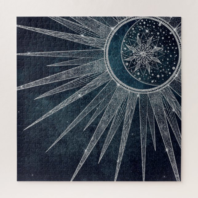Elegant Silver Sun Moon Doodle Mandala Blue Design Jigsaw Puzzle (Vertical)
