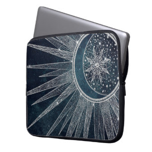 Elegant Silver Sun Moon Doodle Mandala Blue Design Laptop Sleeve