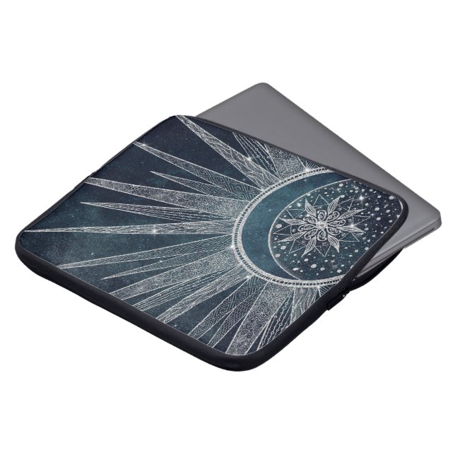 Elegant Silver Sun Moon Doodle Mandala Blue Design Laptop Sleeve (Front Top)