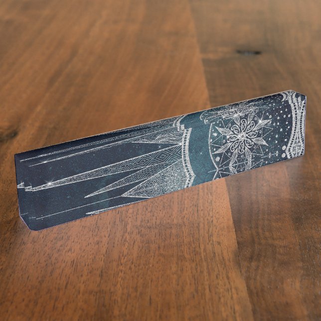 Elegant Silver Sun Moon Doodle Mandala Blue Design Nameplate (Side)