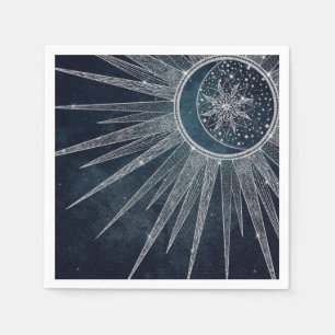 Elegant Silver Sun Moon Doodle Mandala Blue Design Napkin