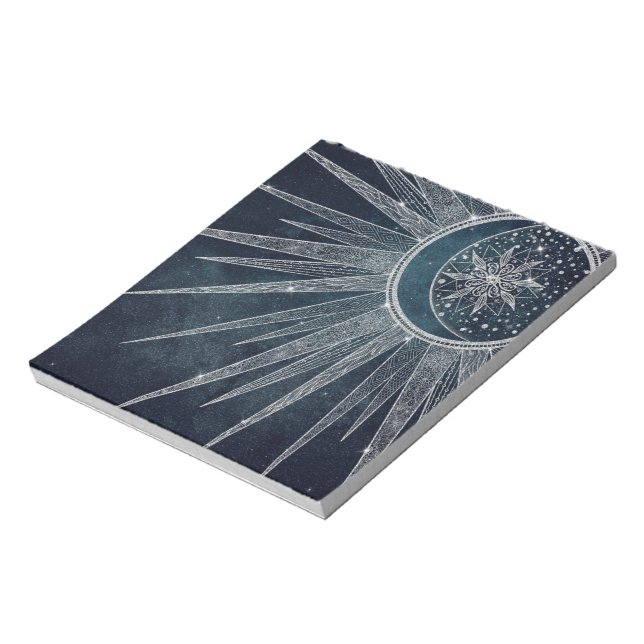 Elegant Silver Sun Moon Doodle Mandala Blue Design Notepad (Rotated)
