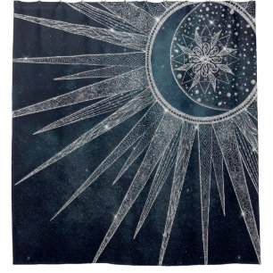 Elegant Silver Sun Moon Doodle Mandala Blue Design Shower Curtain