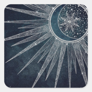 Elegant Silver Sun Moon Doodle Mandala Blue Design Square Sticker