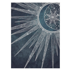 Elegant Silver Sun Moon Doodle Mandala Blue Design Tablecloth