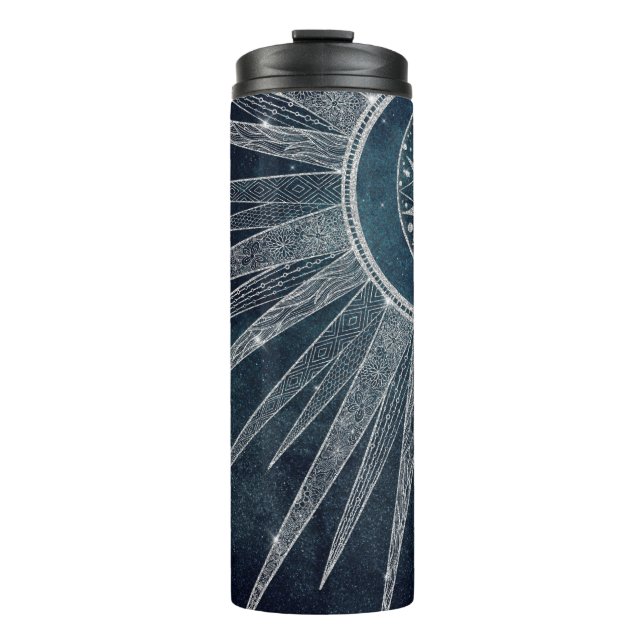 Elegant Silver Sun Moon Doodle Mandala Blue Design Thermal Tumbler (Front)