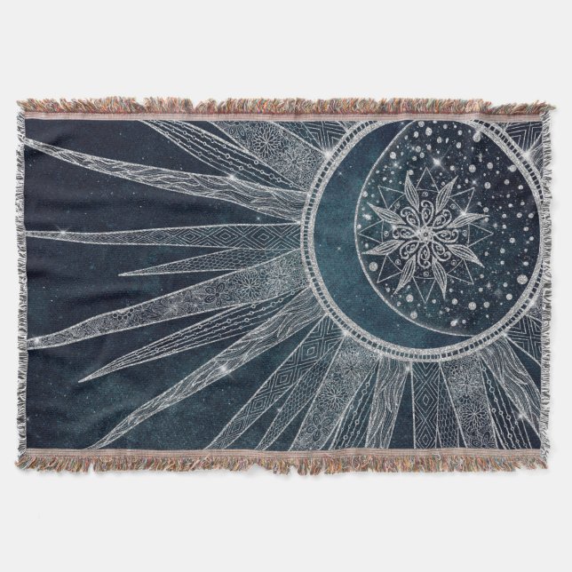 Elegant Silver Sun Moon Doodle Mandala Blue Design Throw Blanket (Front)