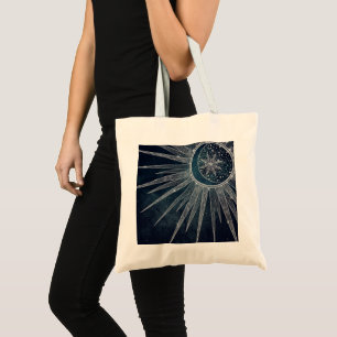 Elegant Silver Sun Moon Doodle Mandala Blue Design Tote Bag