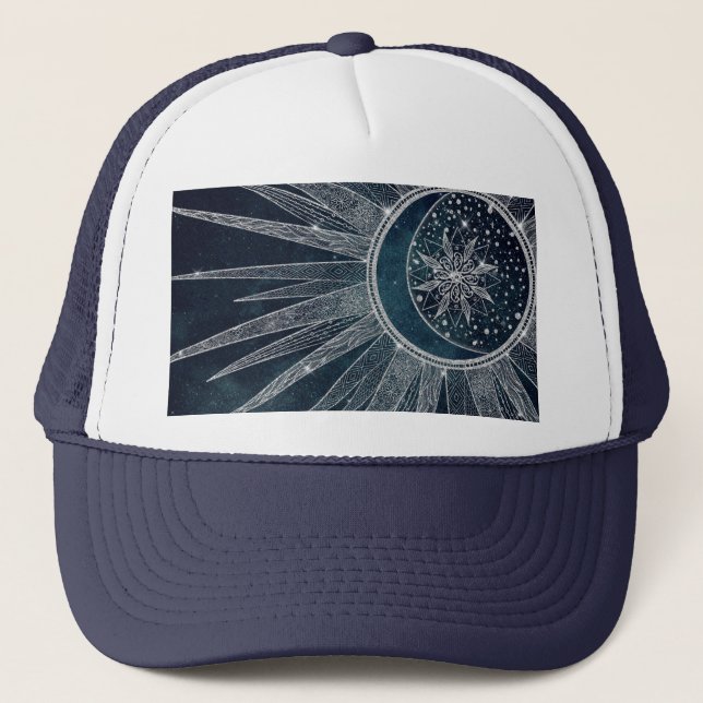 Elegant Silver Sun Moon Doodle Mandala Blue Design Trucker Hat (Front)
