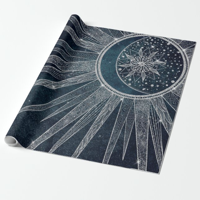 Elegant Silver Sun Moon Doodle Mandala Blue Design Wrapping Paper (Unrolled)