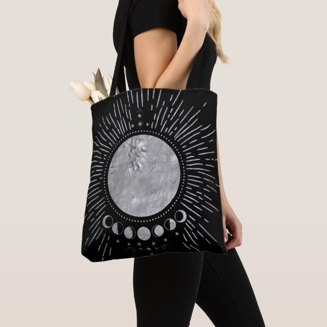 Elegant Silver Sun Moon Doodles Mandala Tote Bag (Close Up)