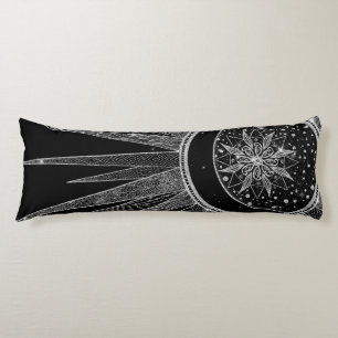 Elegant Silver Sun Moon Mandala Black Design Body Cushion