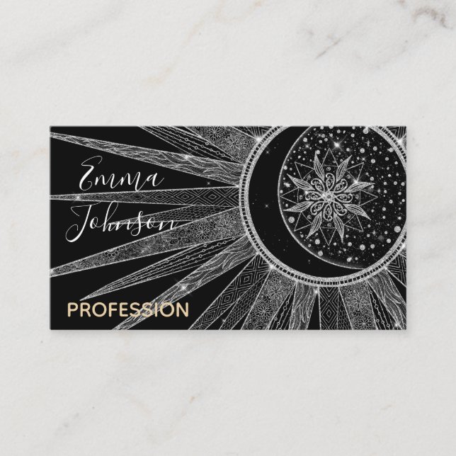 Elegant Silver Sun Moon Mandala Black Design Business Card (Front)