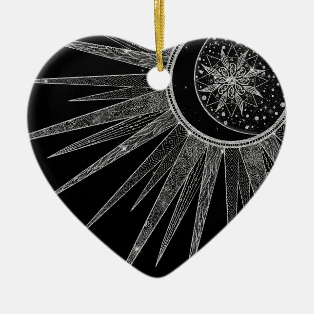 Elegant Silver Sun Moon Mandala Black Design Ceramic Ornament (Front)